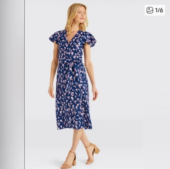 Draper James Blue Floral Flutter Sleeve 100% Linen Midi Dress